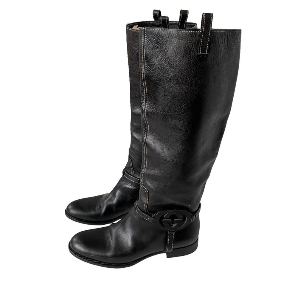 Gucci Interlocking G Logo Tall Riding Boots Knee Leather Black 7 GUC - Picture 9 of 16